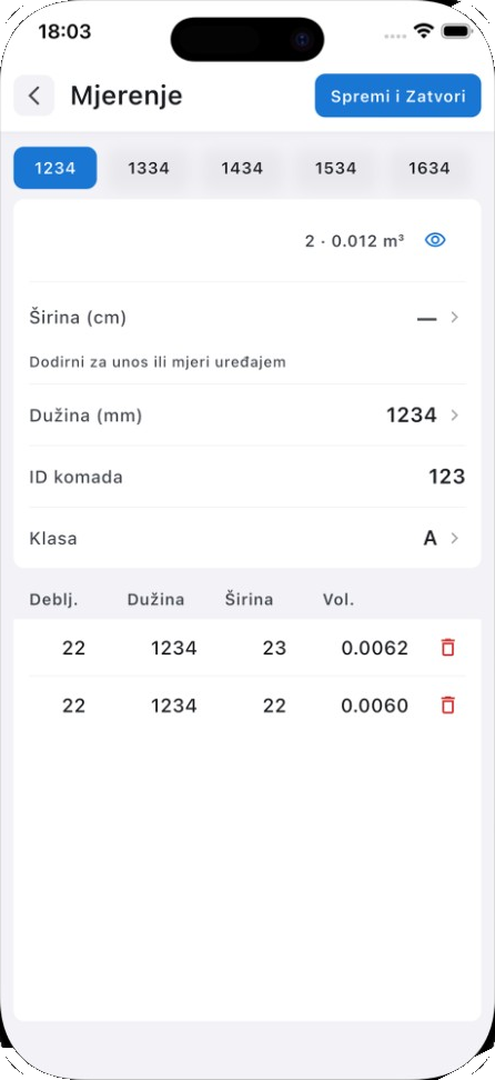 LumberMeter measurement screen with board length, width and class