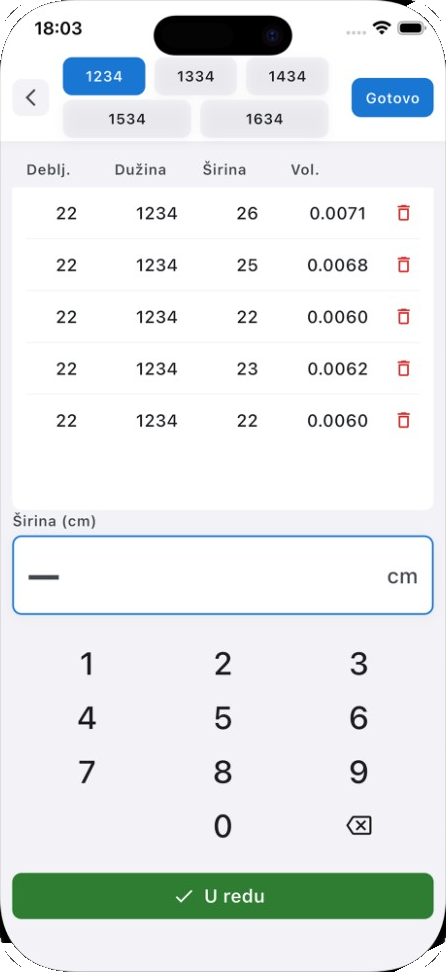LumberMeter width entry with numeric keypad and board list