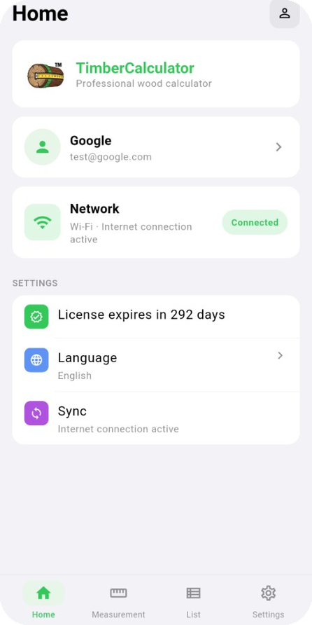 TimberCalculator home screen with account, network and license status