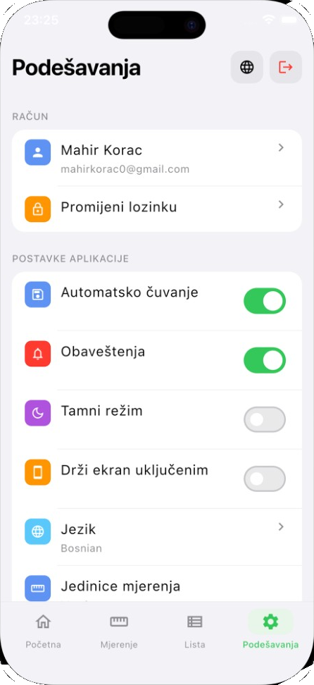 TimberMeter settings screen with account and app preferences